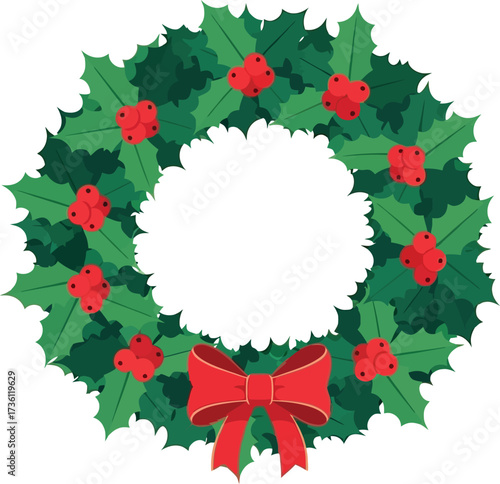 Festive christmas wreath with holly berries and red bow