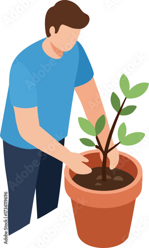 Isometric Man Planting Seedling in Pot Gardener Hobby Illustration