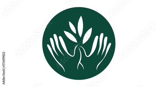 Green circle icon with two hands gently holding a growing plant sprout and roots, symbolizing nature, care, growth, and environmental sustainability.