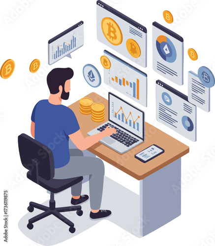 Isometric Illustration of Crypto Trader Analyzing Financial Data on Laptop