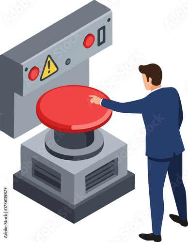 Isometric Man Pushing Big Red Button System Machine Illustration