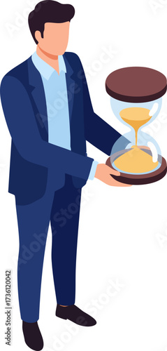 Isometric Illustration of a Businessman Holding Hourglass Representing Time Management