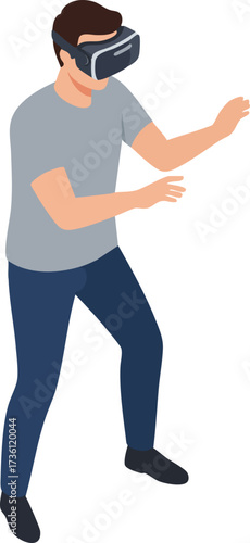 Isometric Full Body Man Experiencing Immersive Virtual Reality Digital Gadget Illustration