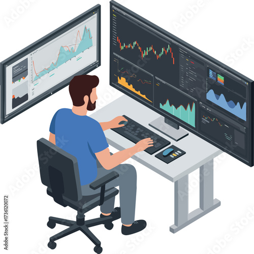 Isometric Bearded Man Working at Desk with Multiple Monitors Illustration