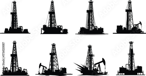 Oil drilling rig silhouettes, petroleum industry equipment, pump jack extraction, industrial energy production, crude oil exploration icons