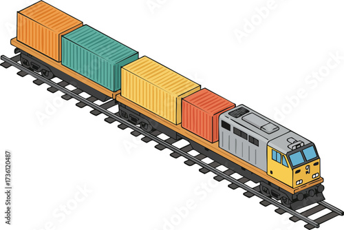 Isometric Detailed Cargo Train with Containers for Logistics and Transportation