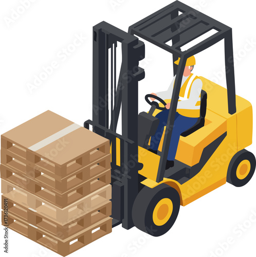 Isometric Detailed Forklift Loading Pallets Logistics Transport Vehicle Illustration