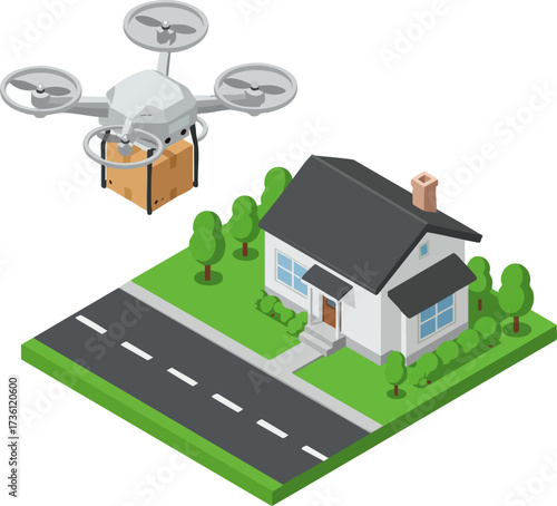 Isometric Style Delivery Drone Carrying Package to Suburban Home Illustration