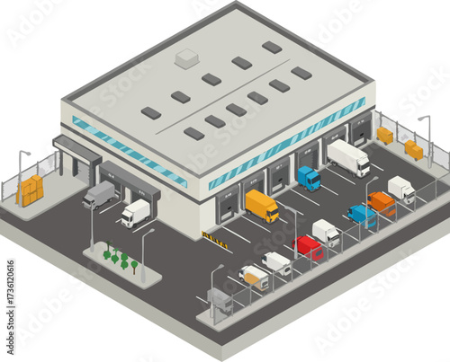 Isometric Detailed Warehouse Building Distribution Center Logistics and Delivery Illustration