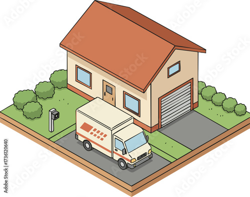 Isometric Detailed Delivery Truck in Front of House Illustration