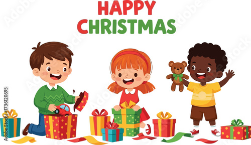 Children joyfully open christmas presents with happy smiles