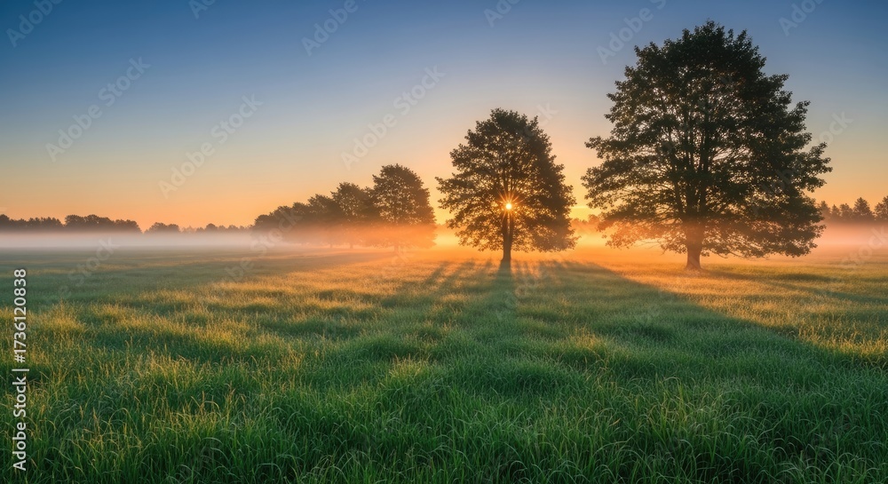 Fototapeta premium Golden sunlight illuminating trees in a misty green field at dawn