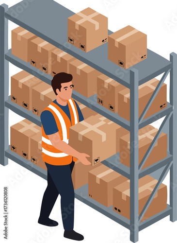 Isometric Illustration of Warehouse Worker Carrying Cardboard Box on Rack Shelf