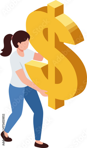 Isometric Young Woman Carrying Big Golden Dollar Sign Symbol Illustration