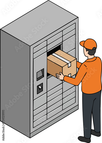 Isometric Delivery Man Putting Package in Automated Parcel Locker Illustration