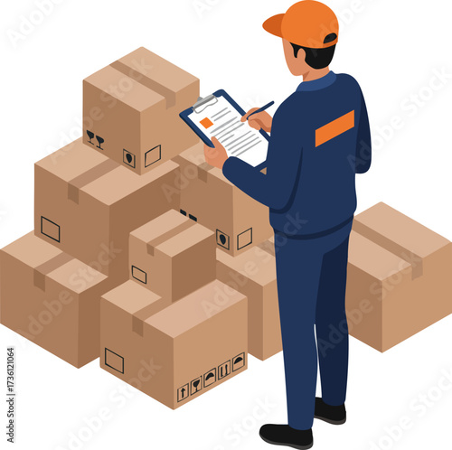Isometric Style Detailed Delivery Man with Boxes Shipping and Checklist