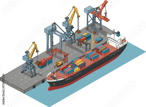 Isometric Detailed Cargo Ship Loading at Port Dock Illustration