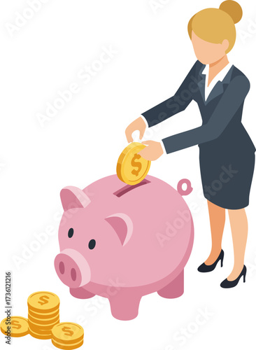Isometric Style Woman Inserting Coin Into Piggy Bank Saving Concept Illustration