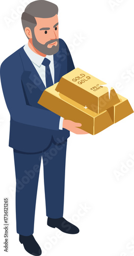 Isometric Businessman Holding Stack of Gold Bars Wealth Investment Concept