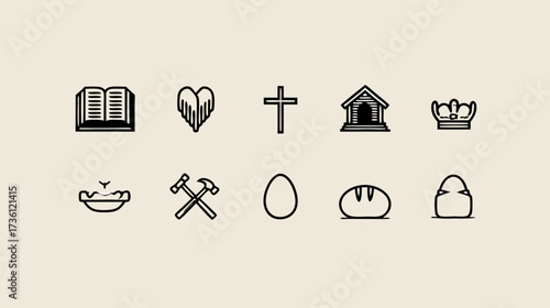 Minimalist line art icons depicting spiritual and Christian faith symbols. Includes cross, open Bible, heart, crown, bread, egg, and carpenter tools.