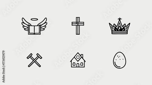Christian Religious Line Icons Set: Cross, Church, Crown, Angelic Book, Nails, and Easter Egg Symbols