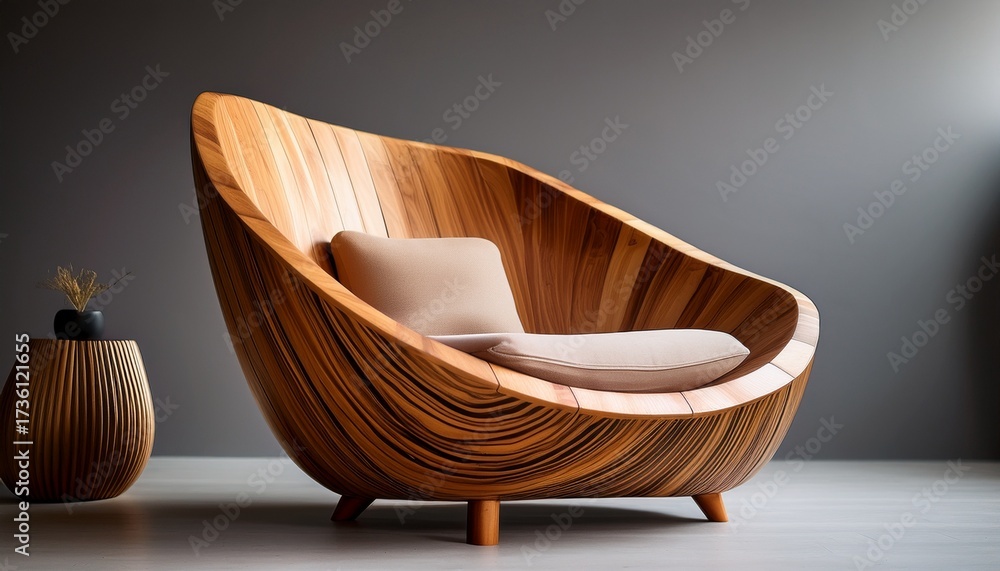 Fototapeta premium a stylish lounge chair features a flowing shape and warm wood finish presented on a simple grey background