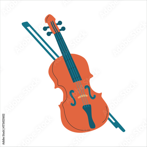 An orange violin with a bow rests on a flat surface. The violin features a classic design with f-holes and a smooth finish.