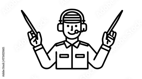 Professional Aviation Ground Crew Member in Headset Holding Wands, Guiding Aircraft - Safety and Communication Vector