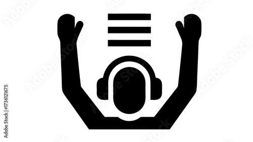 Digital Audio Control Icon: User with Headphones & Raised Arms Interacting with Menu, Signaling Selection or Interface Management.