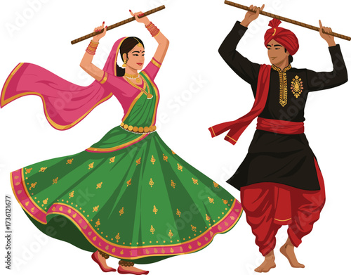 Garba dance illustration, Indian couple in traditional attire, Navratri celebration art, folk dance, cultural performance, dandiya sticks, ethnic costumes, festive choreography, Gujarat