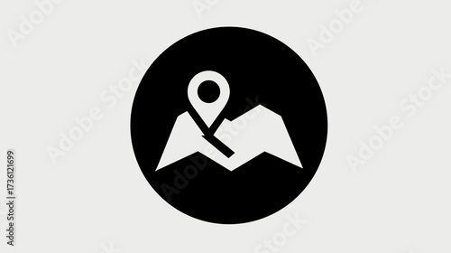 Location map pin icon on mountainous terrain graphic, navigation symbol for travel destinations, route finder concept