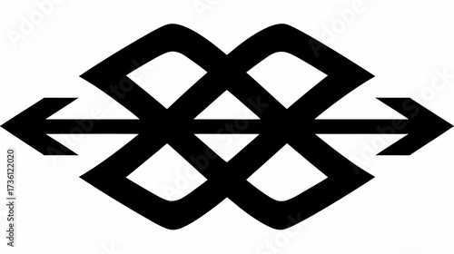 Abstract geometric symbol with intertwined lines and horizontal arrows, representing connection, exchange, flow, and infinite possibilities