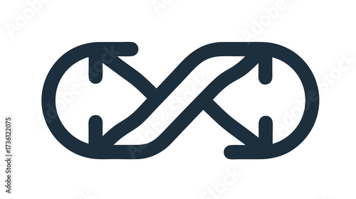 Abstract infinite loop icon with arrows, symbolizing continuous process, cycle, connection, sustainability, flow, and exchange.