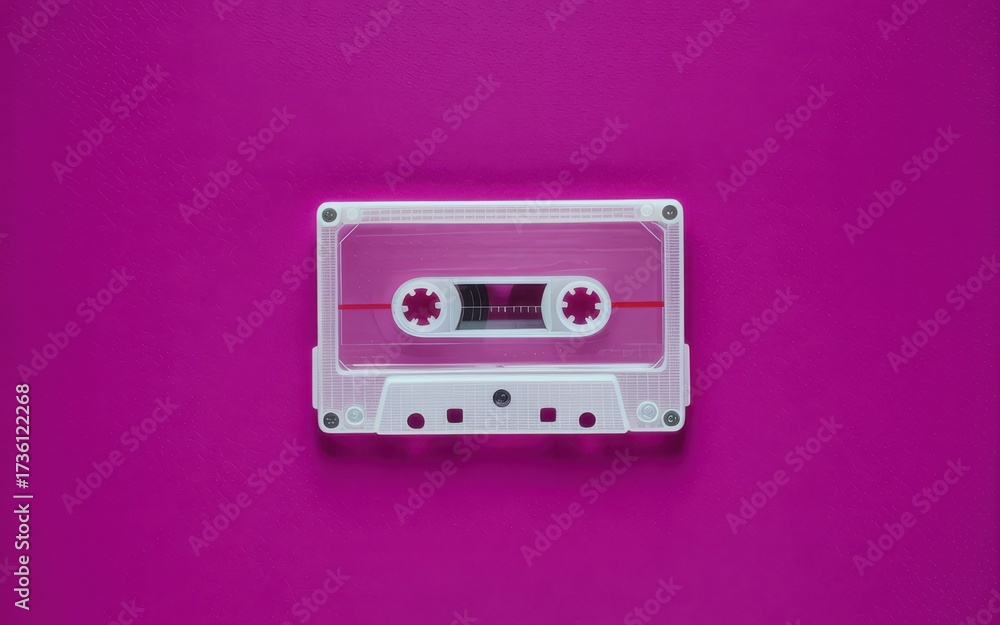 Fototapeta premium A white cassette tape on a bright pink background