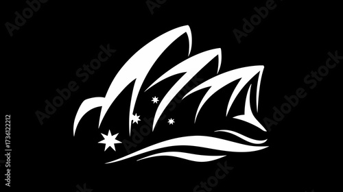 Modern abstract architectural silhouette with multiple curved, sail-like roofs and subtle star details on a black background, minimalist graphic design