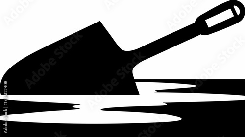 Black silhouette icon of a shovel digging into earth or soil, representing work, construction, excavation, gardening. Simple vector graphic.