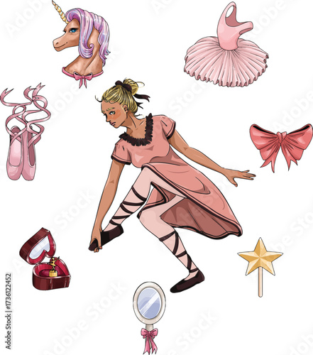 Ballerina Vector Illustration with Pink Ballet Stuff