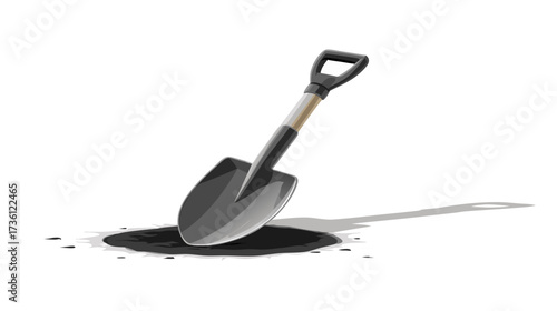 Illustration of a garden shovel stuck in a freshly dug hole with loose earth, isolated on a clean white background.