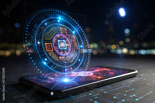 Smartphone Displaying Futuristic Holographic Circuit Board and AI Core Projecting Digital Technology in a City at Night