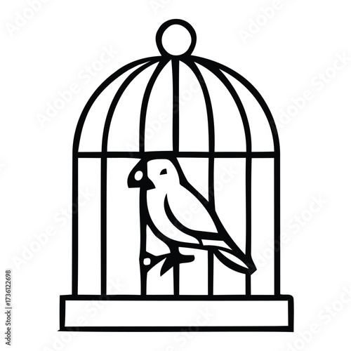 Outline Illustration of a Bird Sitting Inside a Cage, birdcage trapped, Vector shape. 