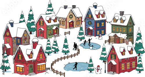 Snowy winter village scene with ice skating and snowmen