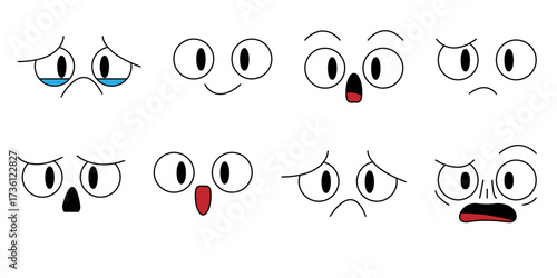 Comics cartoon emotion effects set. Manga facial expressions. Angry, happy, sad, kawaii, scared anime face. Doodle stroke facial emotions. Stock vector illustration isolated on a white background