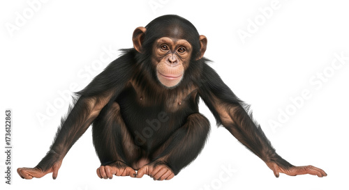 Canvas Print Isolated chimpanzee baby sitting on ground with arms outstretched in a playful p