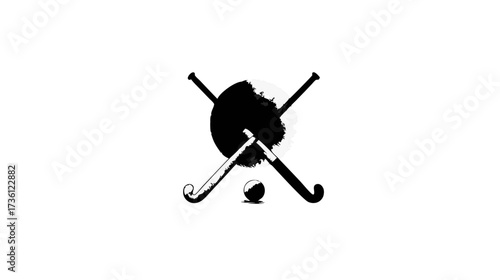 Grunge Field Hockey Emblem: Crossed Sticks, Ball & Distressed Circle. Monochrome Vector Illustration for Sports Graphics & Equipment
