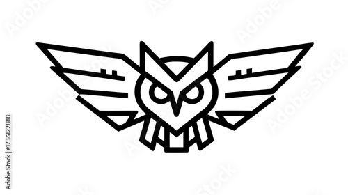 Modern geometric owl with outstretched wings, minimalist line art design. Concept for intelligence, wisdom, and nocturnal foresight.