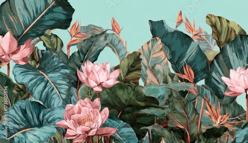 A vibrant display of tropical flowers and leaves in a lush, detailed illustration, featuring various shades of teal, pink, and orange, against a soft teal background.