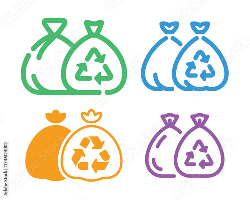 Four pairs of stylized garbage bags with recycling symbols in green blue orange purple