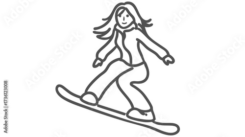 Dynamic line art illustration of a woman snowboarding, enjoying an active winter sport activity, black and white sketch.