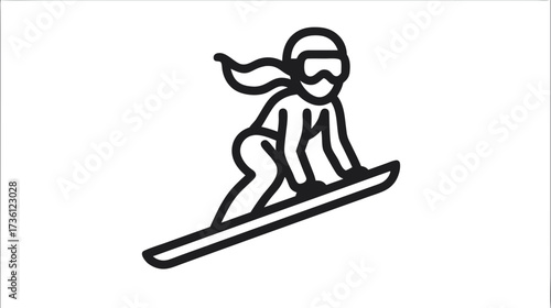 Minimalist black line icon of a person snowboarding, symbolizing winter sports, extreme activity, and outdoor recreation.