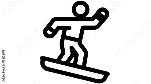 Minimalist black outline icon of a snowboarder riding a board, representing winter sports, adventure, and extreme activities.